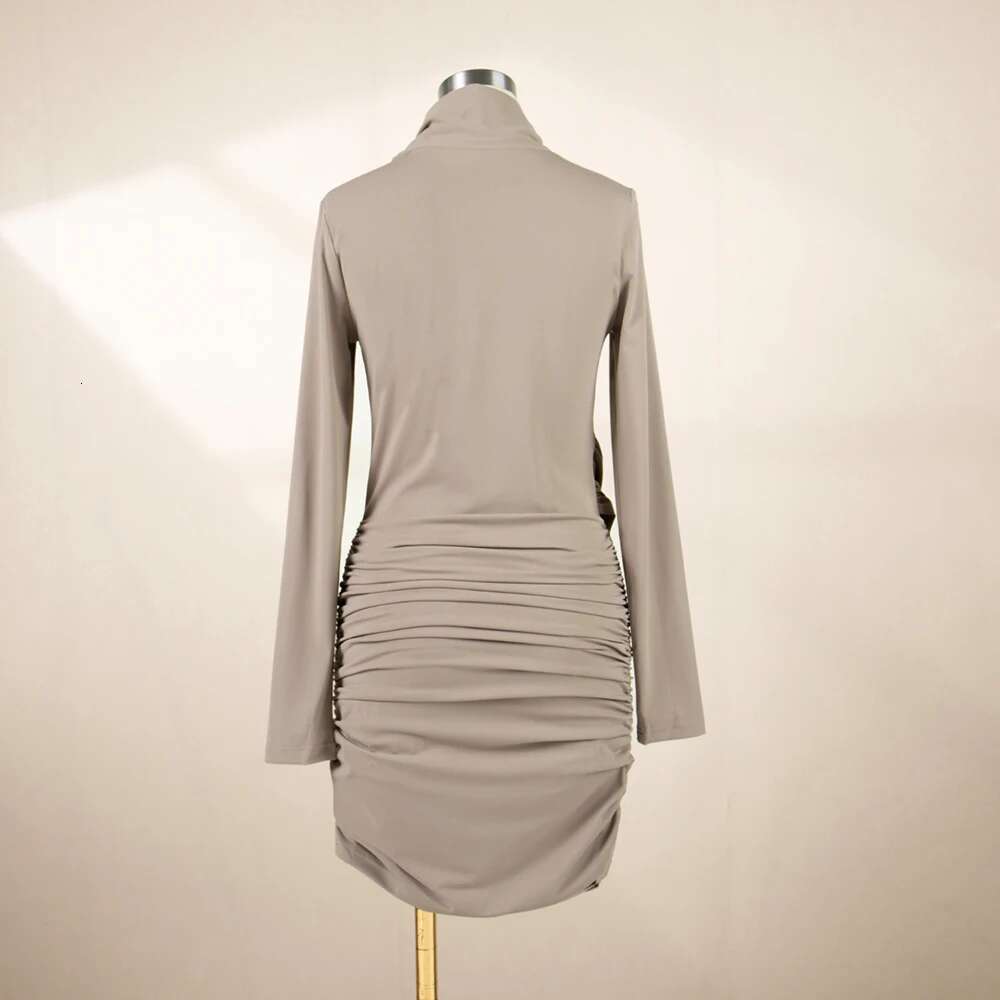 Cotton Women's Y2k Hitching Piece Design Pleated Slim Elegant Commuter Standing Collar Long Sleeve Dress 2025 Spring New