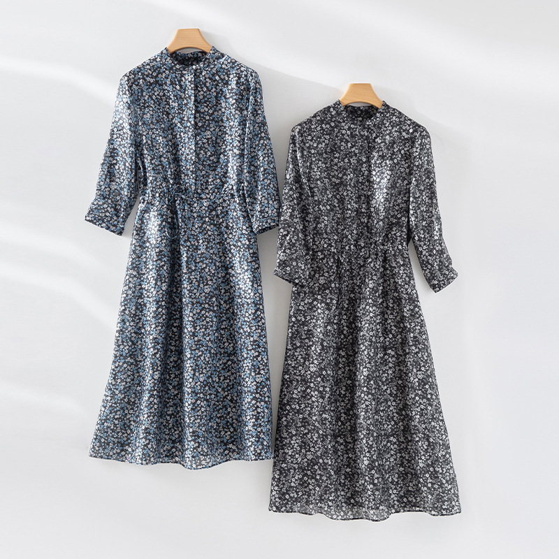 A174190 new spring and summer high-grade exquisite floral mid-sleeve dress female round neck waist design a-line skirt