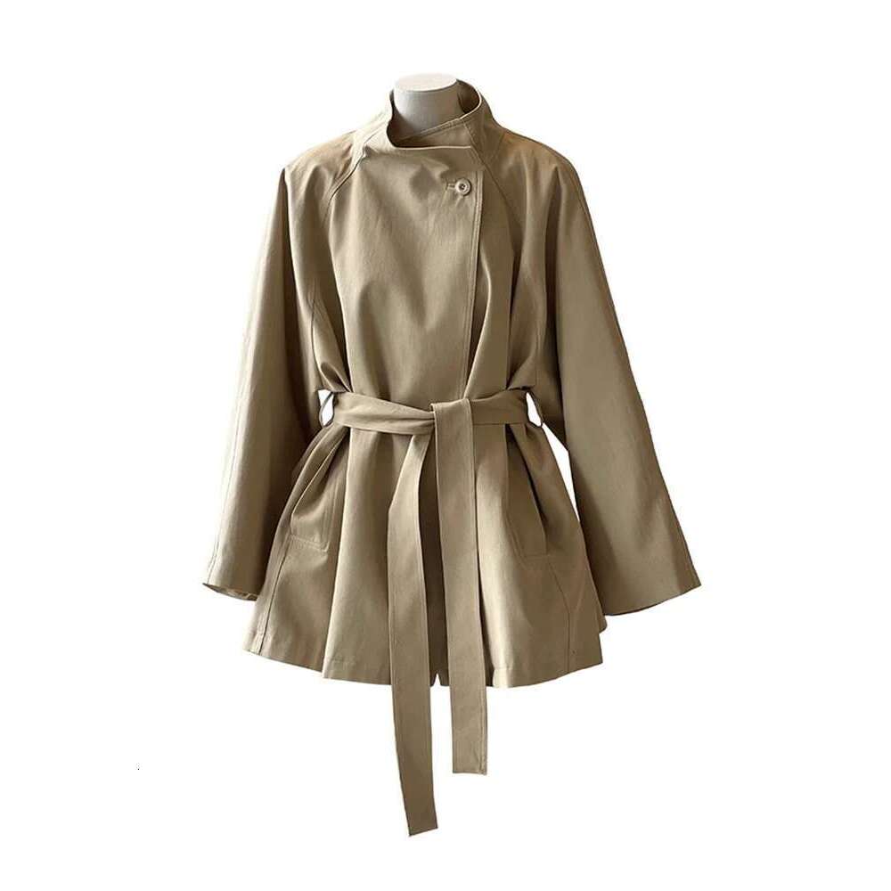 Office Lady Belt Gathered Waist Trench For Women Stand Neck Single Breasted Windbreaker 2025 Autumn New