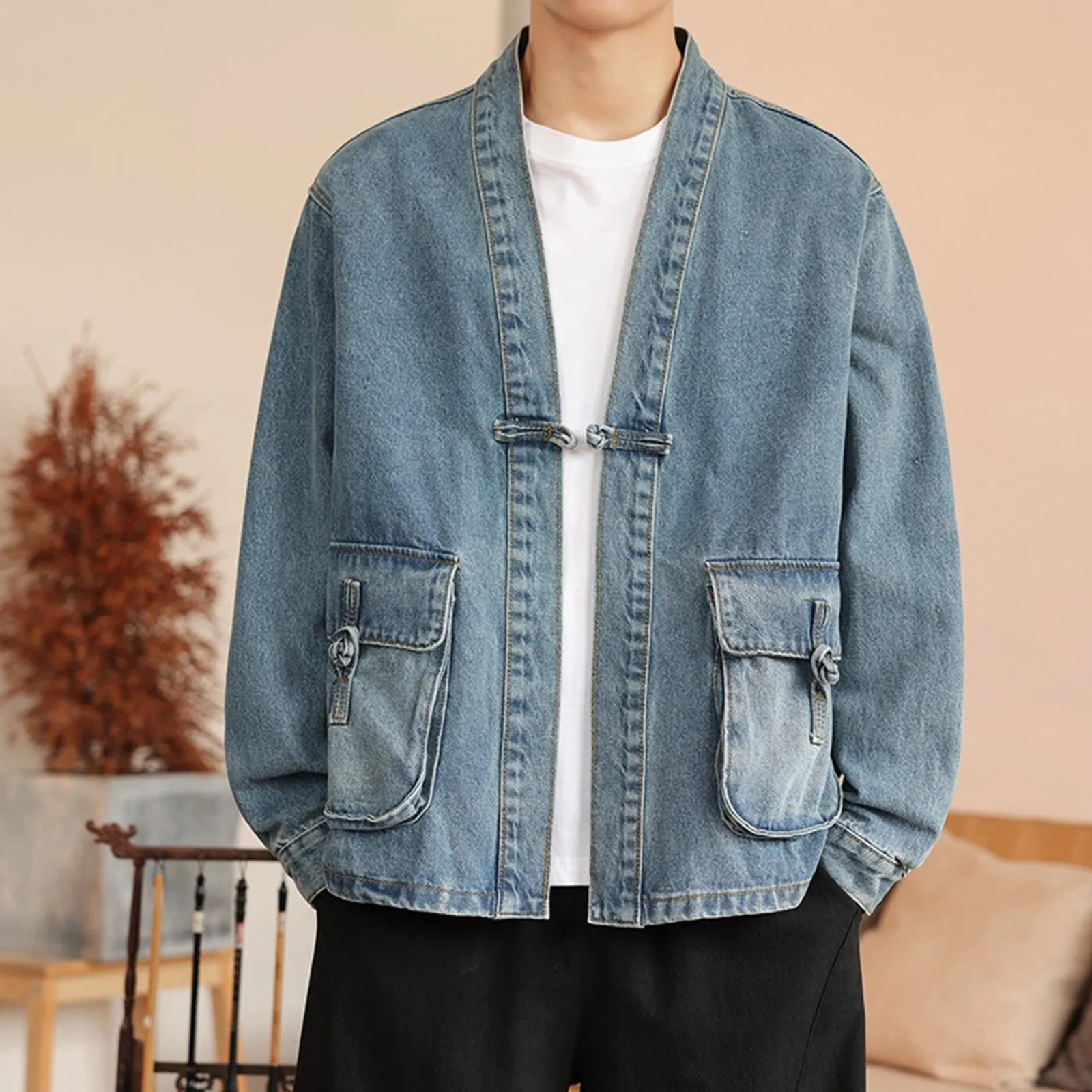 Retro denim jacket mens long sleeved open top loose cool streetwear hiphop clothing 2024 250212
