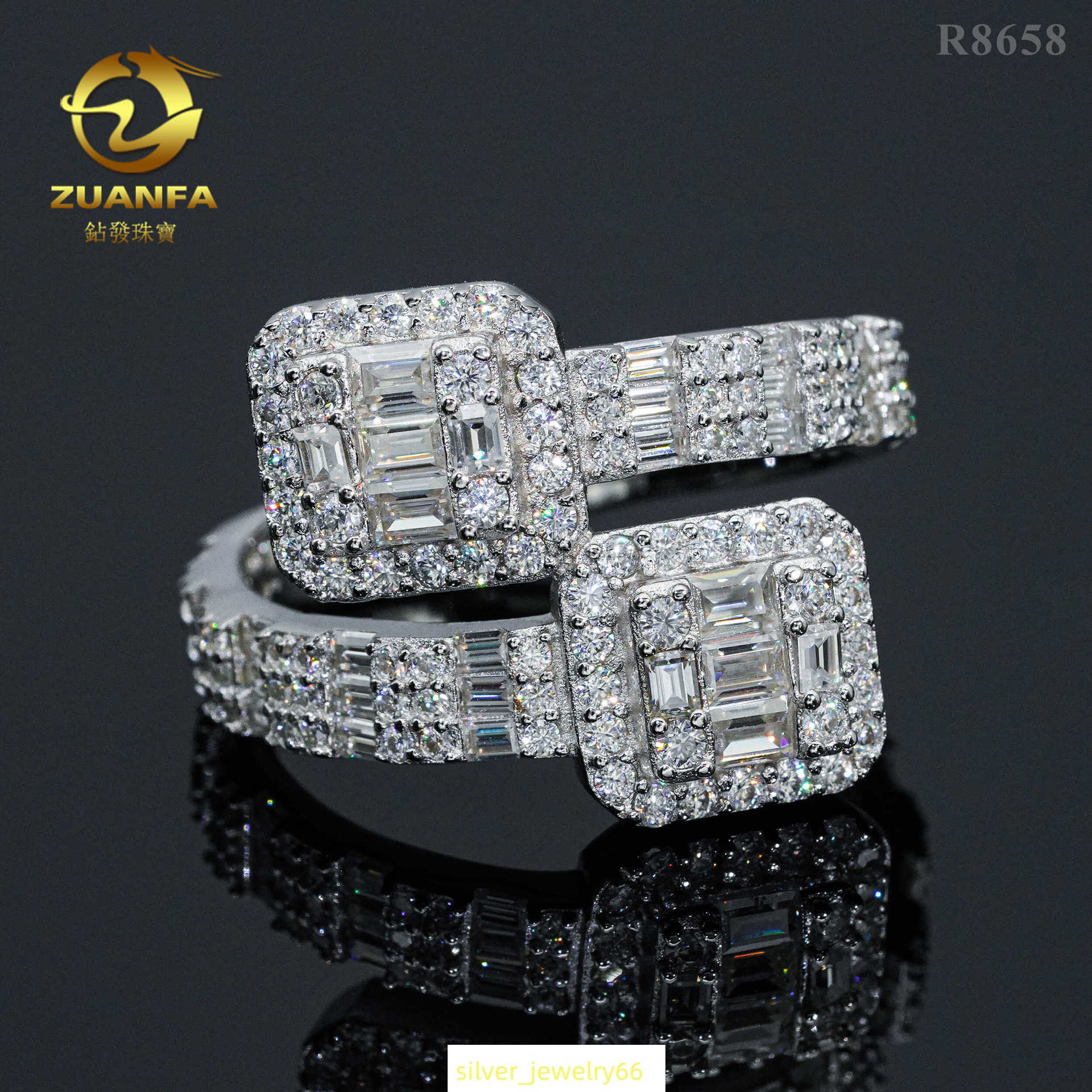 Straight ladder square mens ring pure silver inlaid with moissanit diamond ring hip-hop high-end jewelry ring