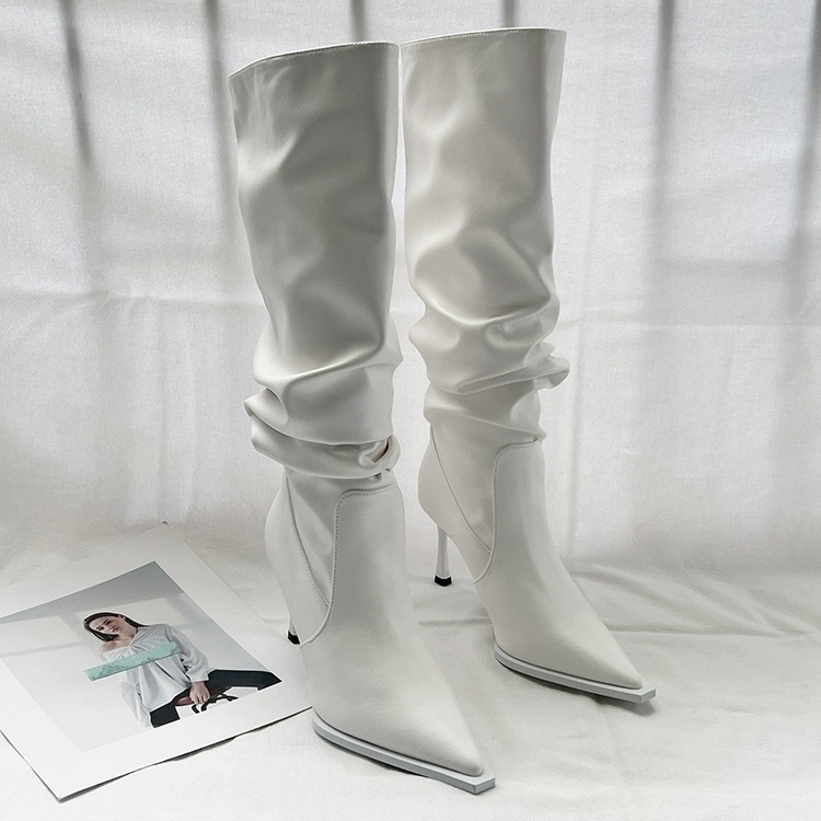 Sier Flat Bottomed Fashionable Pleated Long Grain Over Knee Boots Pointed New Low Heels Women Shoes
