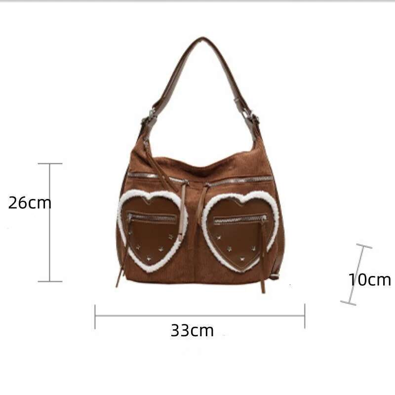 Large Capacity Corduroy Shoulder Bags Backpack Fashion Heart Pocket Messenger Bag Solid Color Purse Handbag Totes 2024