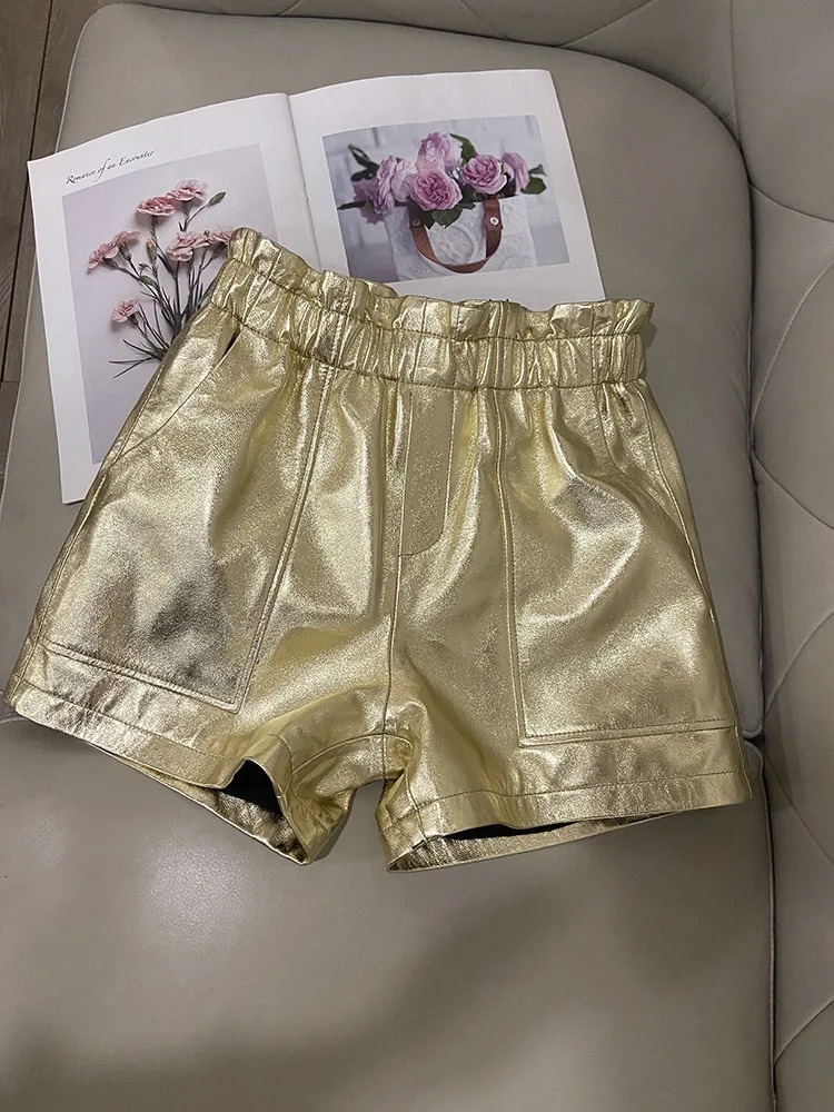 Leather Short Genuine 2024 Y2K Fashion Summmer Pants High Waist Shinny Golden Shorts 250213