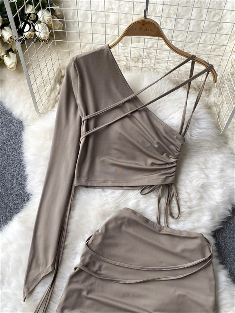 SINGREINY Senior Fashion Two Pieces Suits Women Sexy One Shoulder Long Sleeves Drawstring TopShort Bodycon Skirt sweet Sets 250214