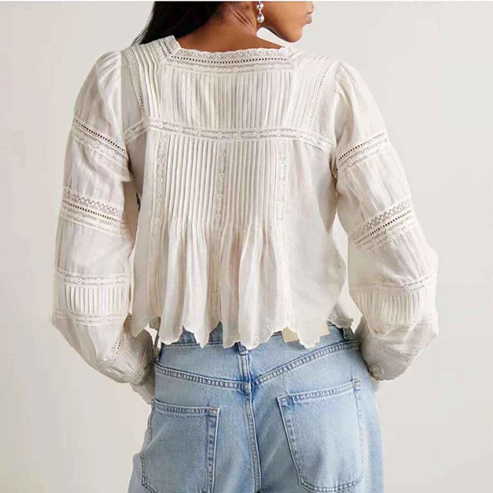 Cotton Women's Y2k Crochet Lace Patchwork Pleated Tie Square Neck Long Sleeve Shirt Blouse Top 2025 Summer New