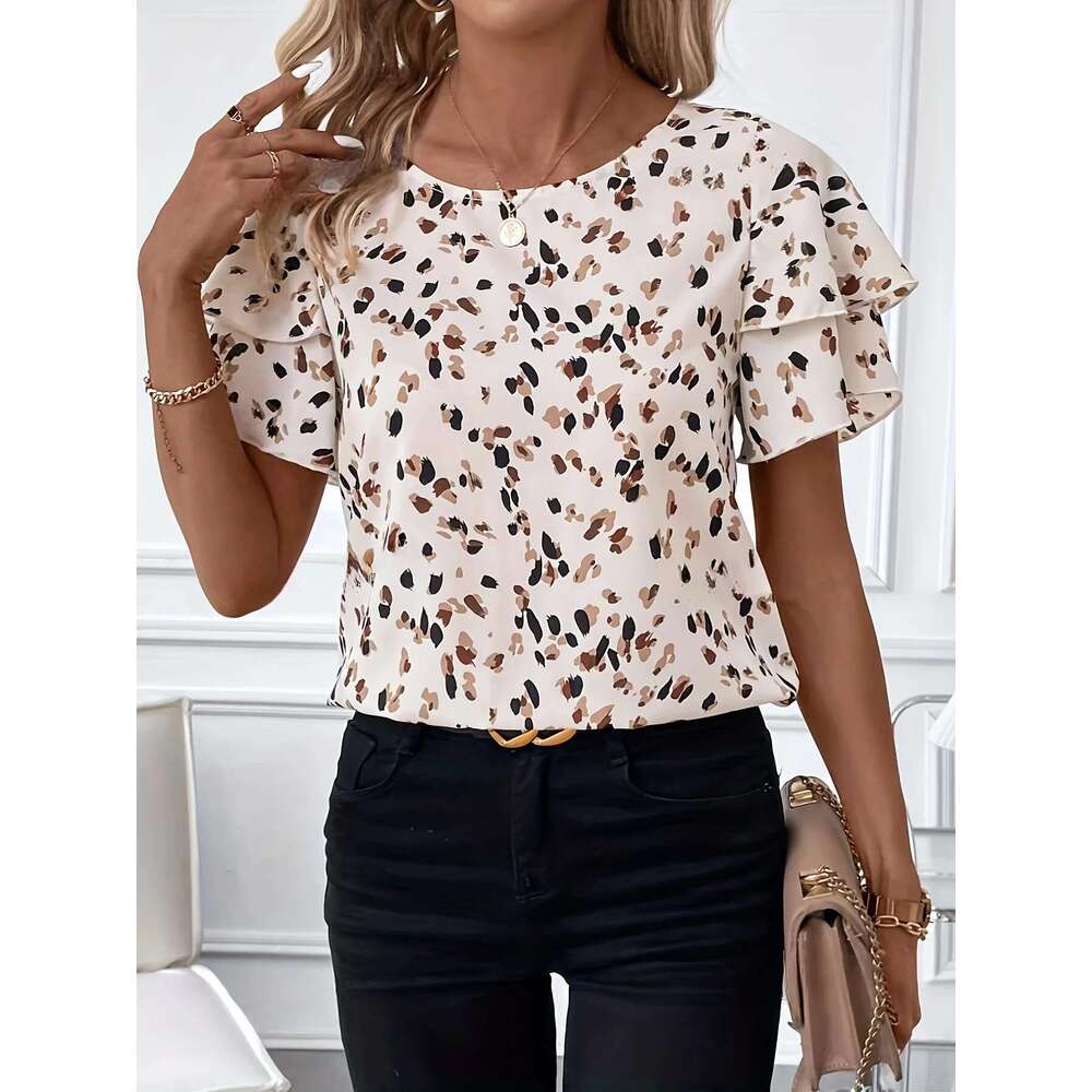 Summer Women Elegant Print Shirt Casual Fashion Vacation Crew Neck Ruffle Sleeve Tops Clothing
