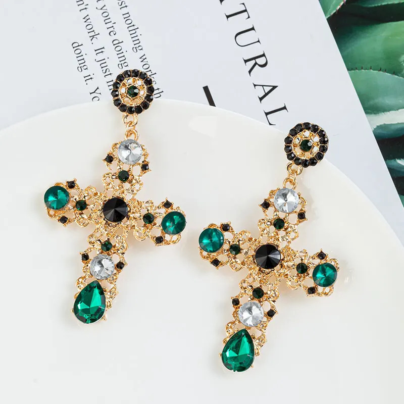Arrival Vintage Black Pink Crystal Cross Drop Earrings for Women Baroque Bohemian Large Long Jewelry Brincos 250213