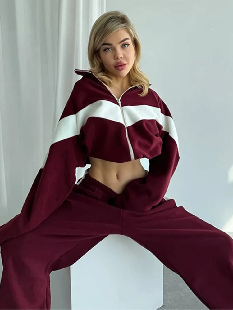 Street Sports 2 Pieces Suit Women Turn-down Collar Full Sleeves Zipper Coat Long Pants Female Set 2025 Spring Panelled Lady Sets 250210