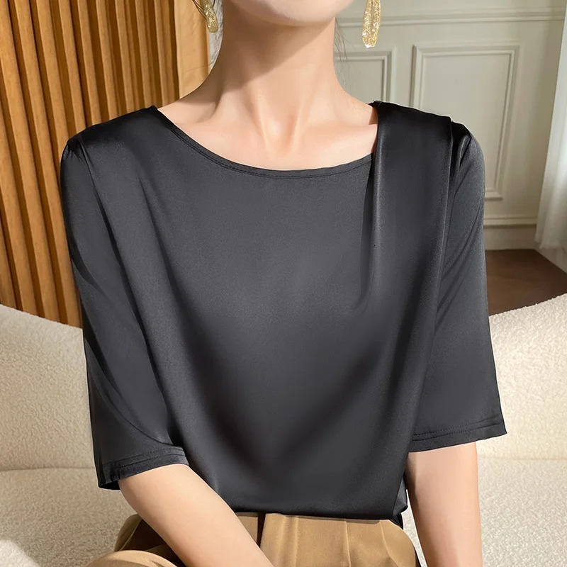 Spring Summer Female Silk T-shirts Half Sleeve Women O-Neck Solid Color Fashion Women Clothe Tees Casual Loose T Shirt Oversize 250217