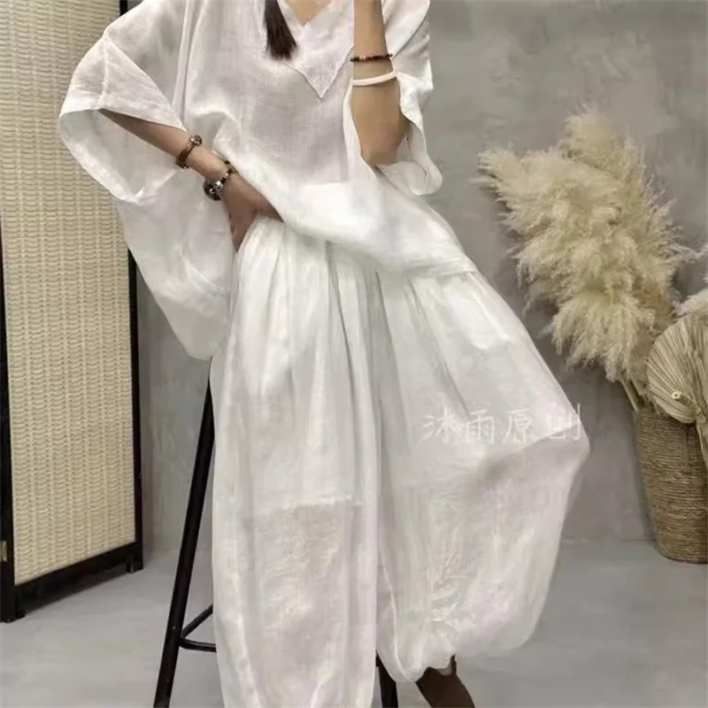 Loose Ramie Set For Women Large Size With Bat Sleeves V-neck Cotton Linen T-shirt Casual Lantern Pants Two-Piece Set For Summer 250210