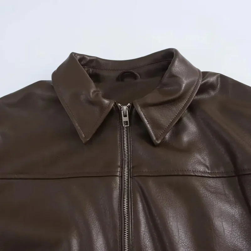 TRAF Womens Jackets Cropped Faux Leather Jacket Women Autumn Long Sleeve Black Bomber Fashion DemiSeason 250211