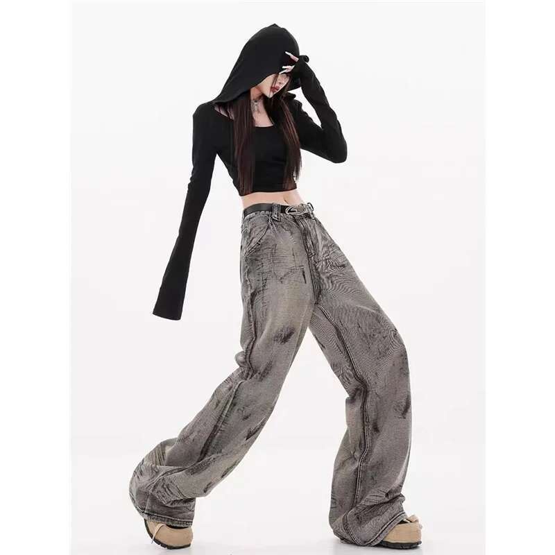 Grey Jeans Women Y2k Vintage High Waisted Straight Trouser American Streetwear Loose Girl Wide Leg Classic Denim Pants