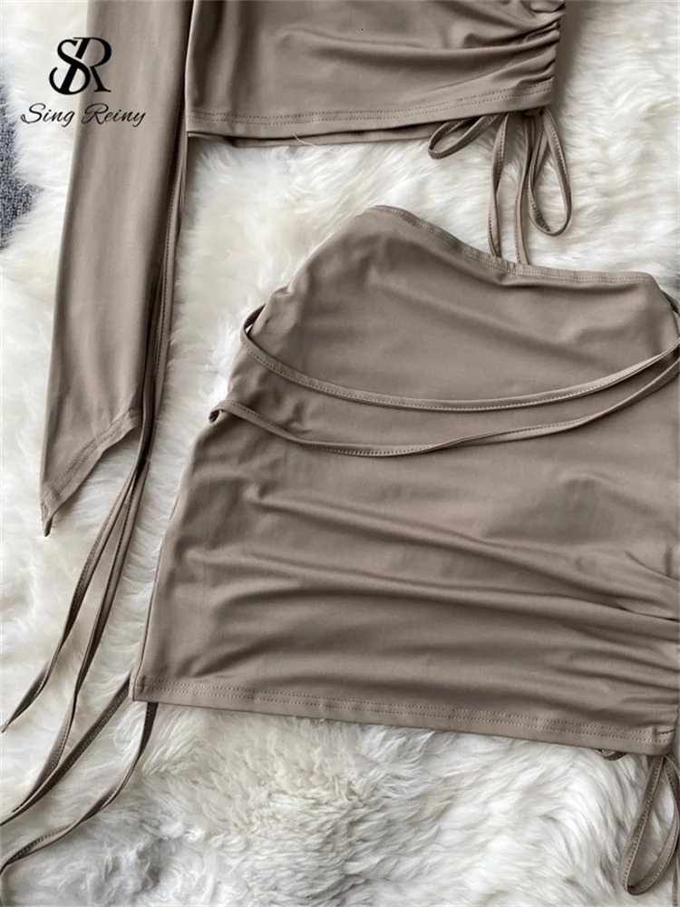 SINGREINY Senior Fashion Two Pieces Suits Women Sexy One Shoulder Long Sleeves Drawstring TopShort Bodycon Skirt sweet Sets 250214