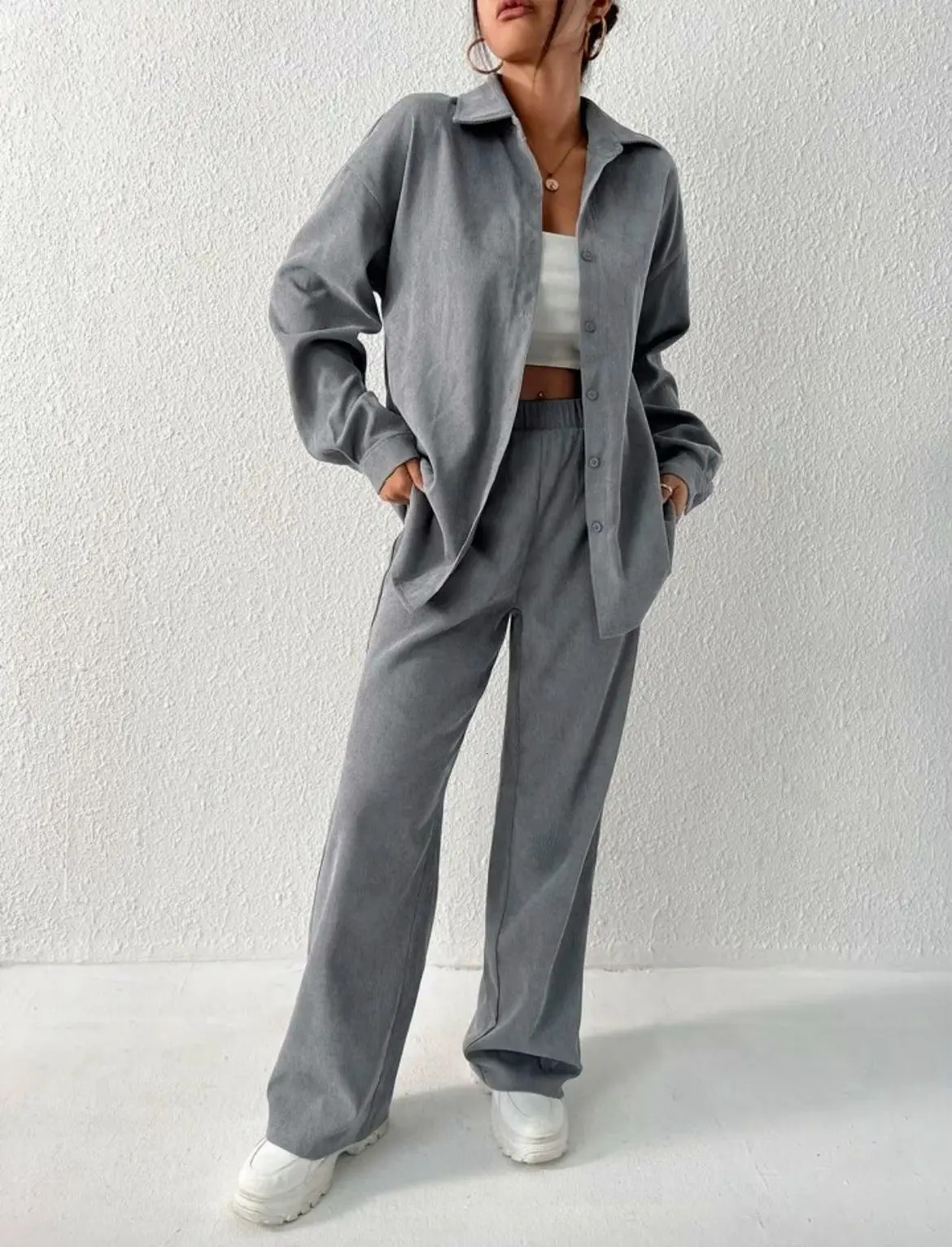 Womens Autumn Arrival Temperament Solid Color Long Sleeve Shirt Jacket Wide Leg Pants Casual Two-piece Set 250210