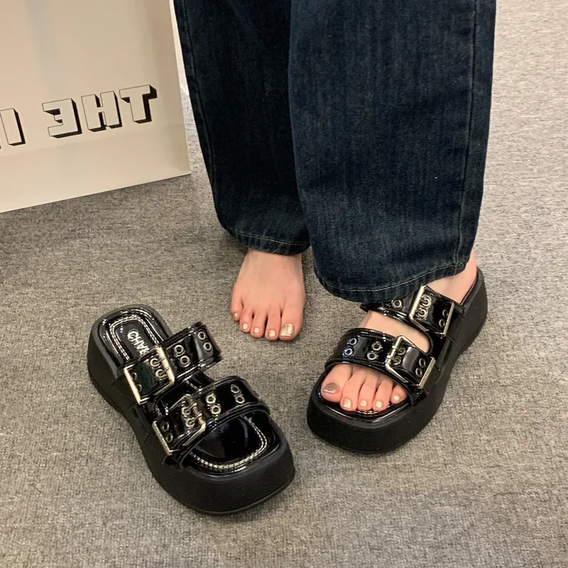 Soft High Heeled 2024 Woman Belt Double Buckle Sandal Beach Designer Slippers Platform Flat Shoes Female Summer