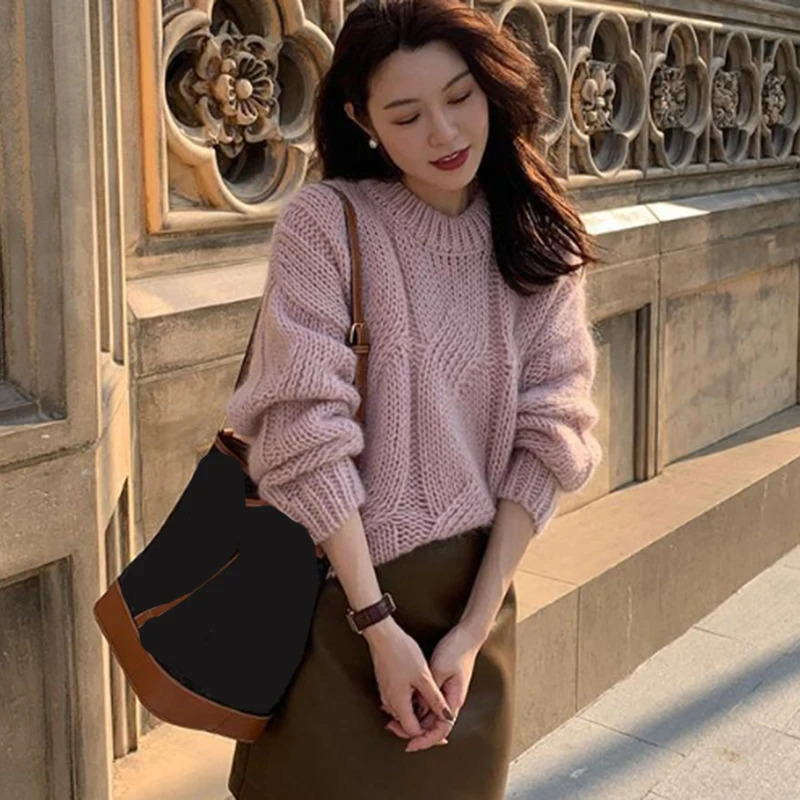 Lazy Wind Twist Sweater Women Autumn Winter Korean Loose Knitted Pullovers Woman Solid Color Long Sleeve Sweaters Female 250211