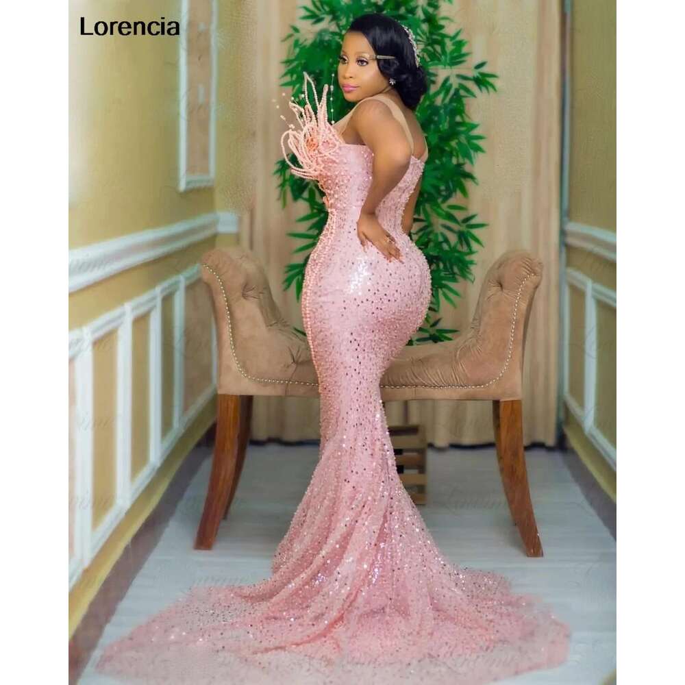 Pink Customized Sequin Beaded Mermaid Prom African Women D Pearls Party Dress Aso Ebi Evening Gown Robe De Soiree YPD ress e YP