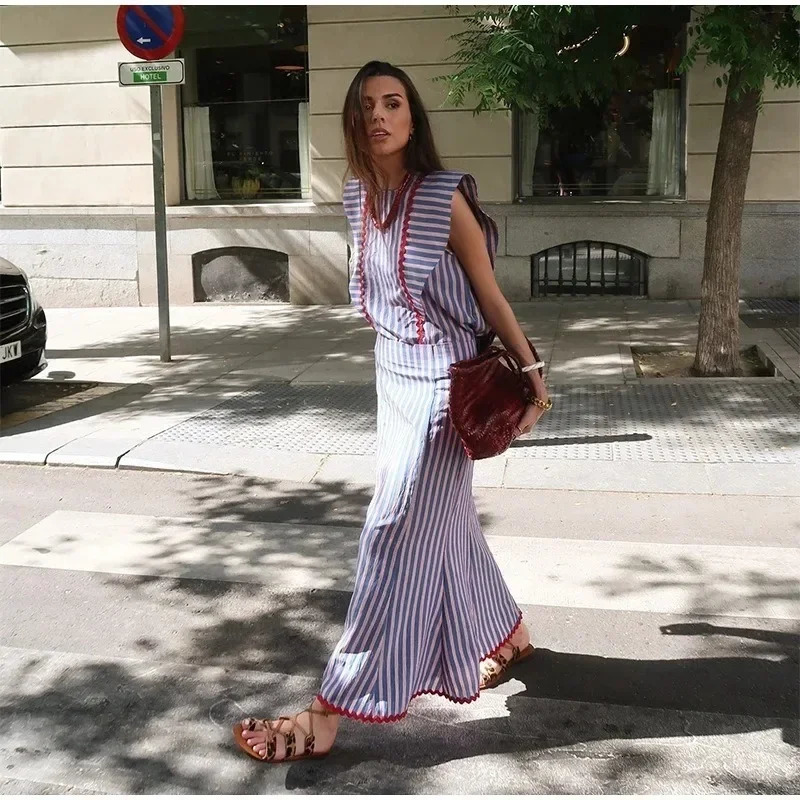 Womens Stripe Printed Flying Sleeves Top Set O-neck Sleeveless Ruffle Hem Skirt Suits 2024 Summer Lady Vacation Outfits 250120