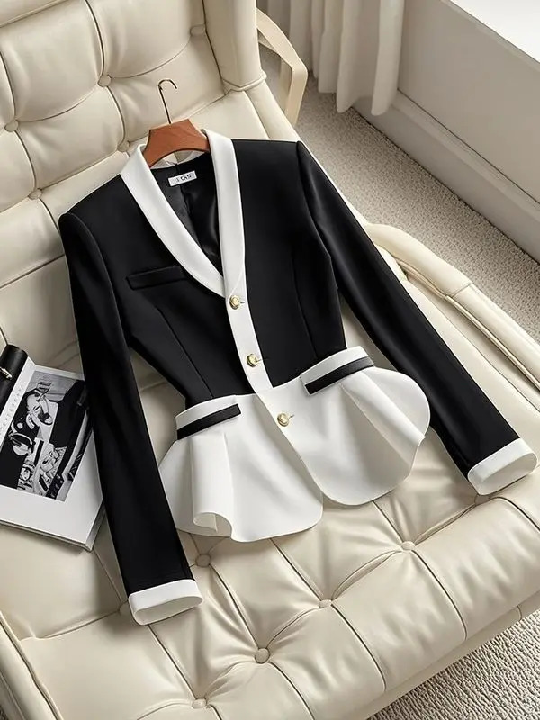 High end Contrasting Color Waist Cinched V-neck Long Sleeve Blazers for Women Socialite Style Slim Suit Coat Women Tops 250210