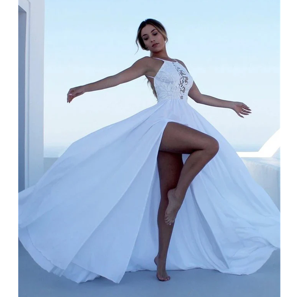 Modern Popular A Line Women's Wedding Dresses Sexy Lace Appliques Bride Gowns Charming Illusion Sleeveless Tulle Vestidos De Novia 01