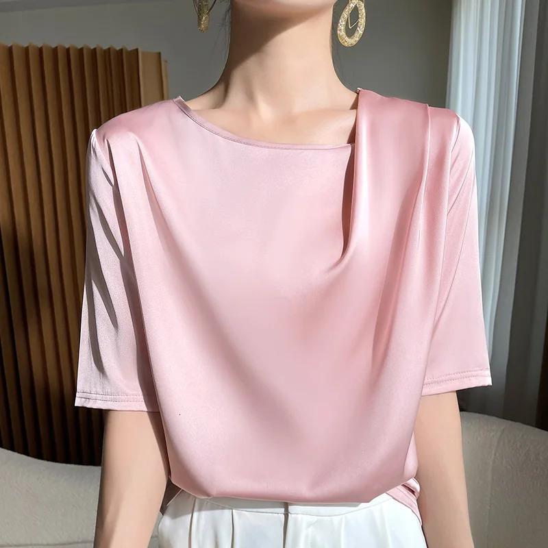 Spring Summer Female Silk T-shirts Half Sleeve Women O-Neck Solid Color Fashion Women Clothe Tees Casual Loose T Shirt Oversize 250217