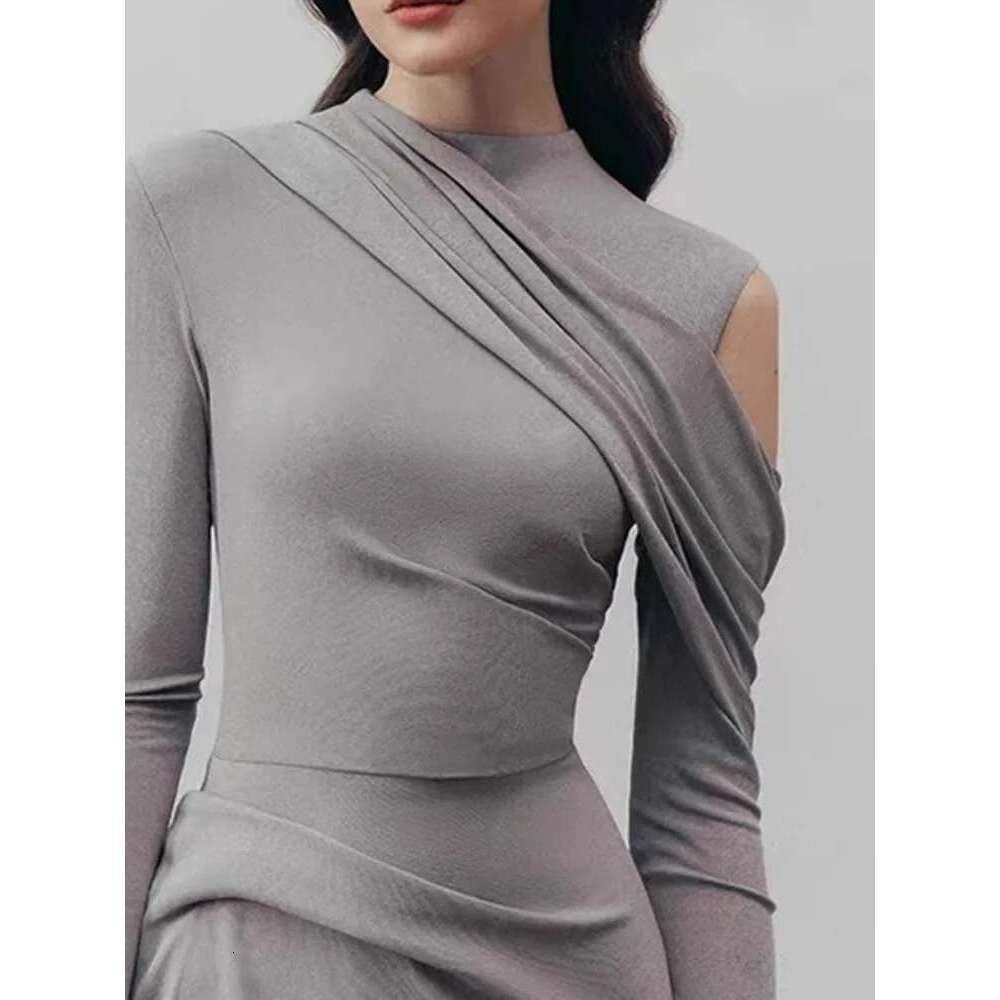 Elegant Women's Dress Half High Collar Hollow Out Asymmetric Long Sleeves Mid-Calf Party Dresses 2025 Spring New