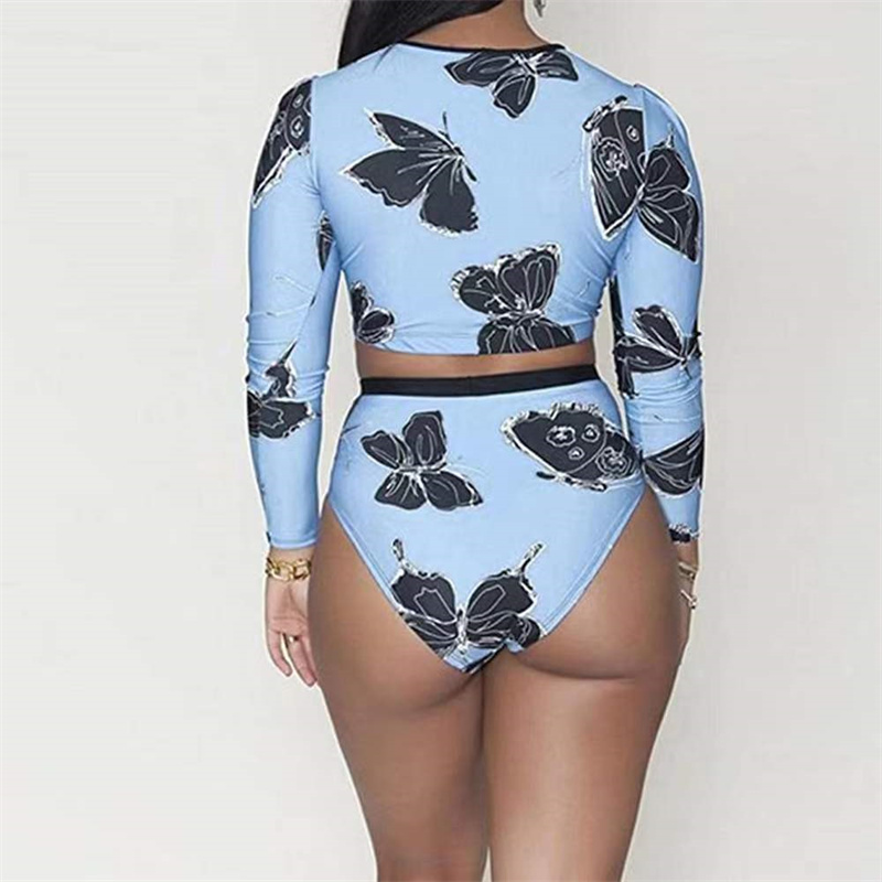 Womens Sexy High Waist Rash Guard Swimwear Long Sleeve Two Pieces Swimsuit