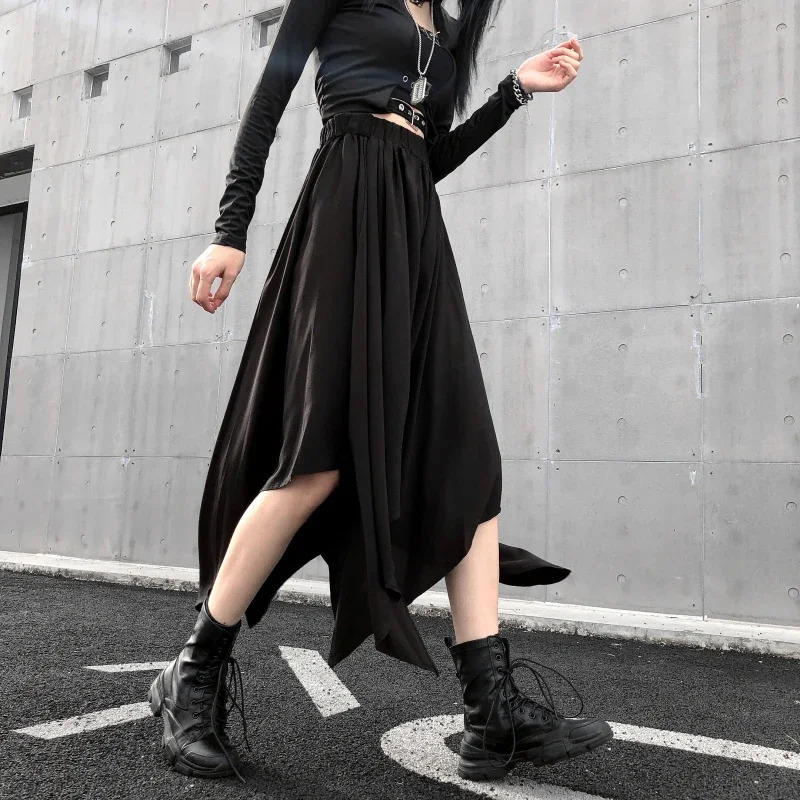 Dark Black Irregular High Waist Skirt Goth Punk Gothic Harajuku Long Vintage korean fashion clothing 250211