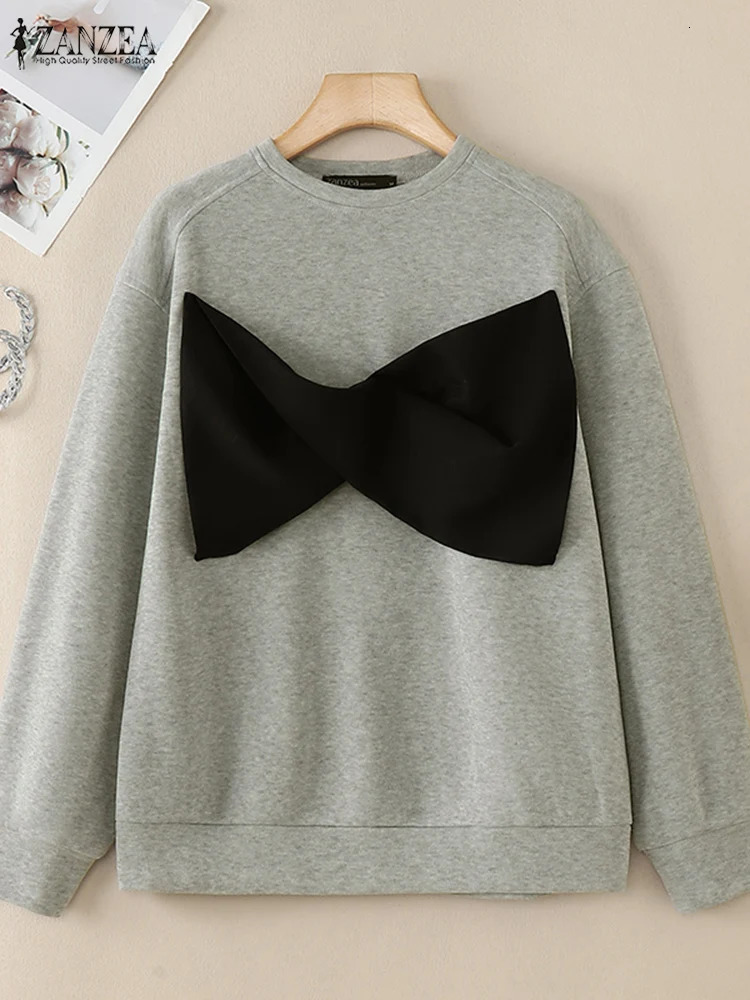 ZANZEA Casua Harajuku Sweatshirts ColorBlock Long Sleeve Spring O Neck Hoodies Women Large Bowknot Loose Pullover Tops 250213