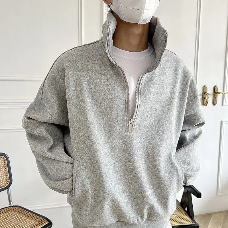 Korean trendy street personality high street solid color high end half zip sweatshirt jacket mens Y2K loose and versatile top 250211