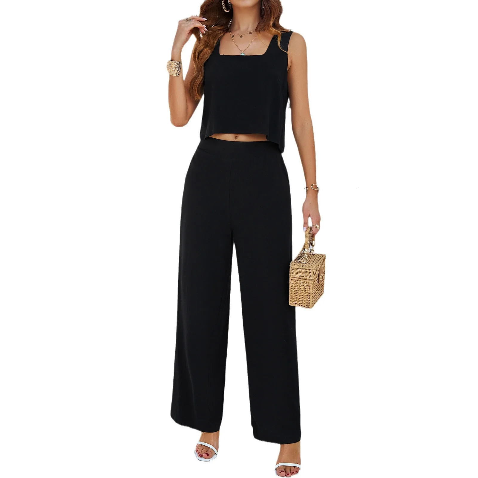 2025 Summer Womens Set Two Pieces Solid Color Square Collar Ladys Sleeveless Tops Female Wide Leg Pants Womens Clothing Sales 250210
