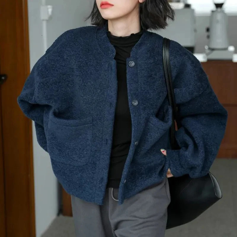 MEXZT Basic Fleece Jackets Women Korean Solid Woolen Coat Autumn Winter Vintage Streetwear Pockets Loose Casual Warm Outerwear 250120