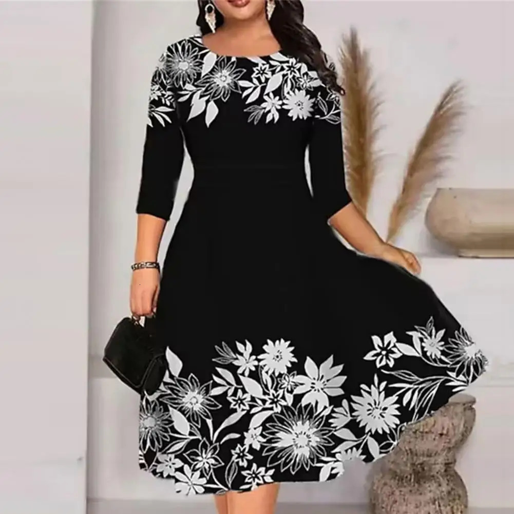 Womens Dress Summer Oneck 34 Sleeve Midi Plus Size Butterflies Printing Waist Tight Loose Hem Casual Streetwear 250214