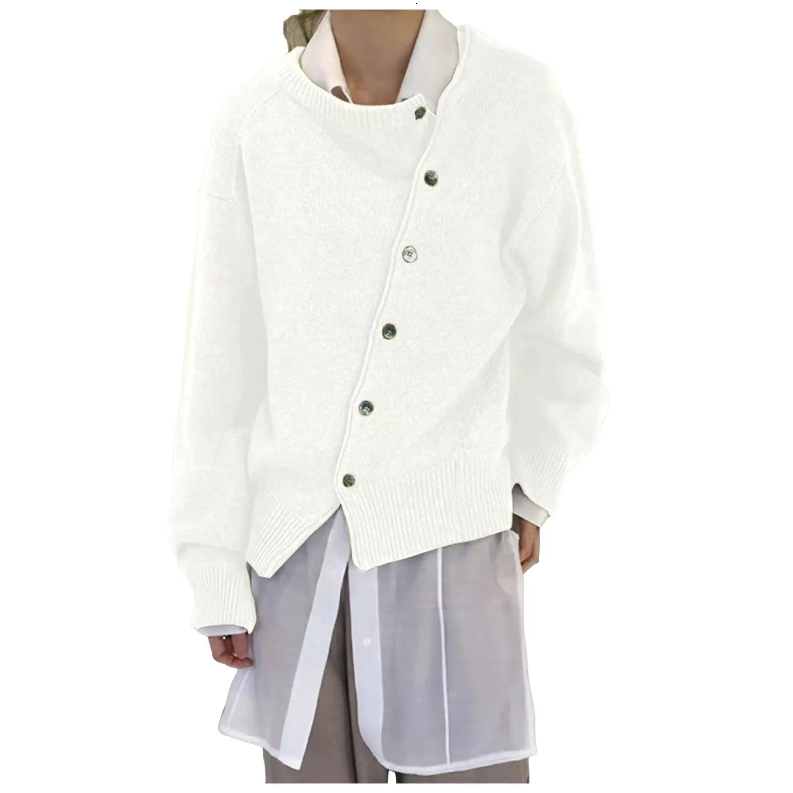 Women Chic Irregular Button Down Sweater Slouchy Front Hook Cardigan Autumn Winter Asymmetrical Knitwear Pullover Tops 250213