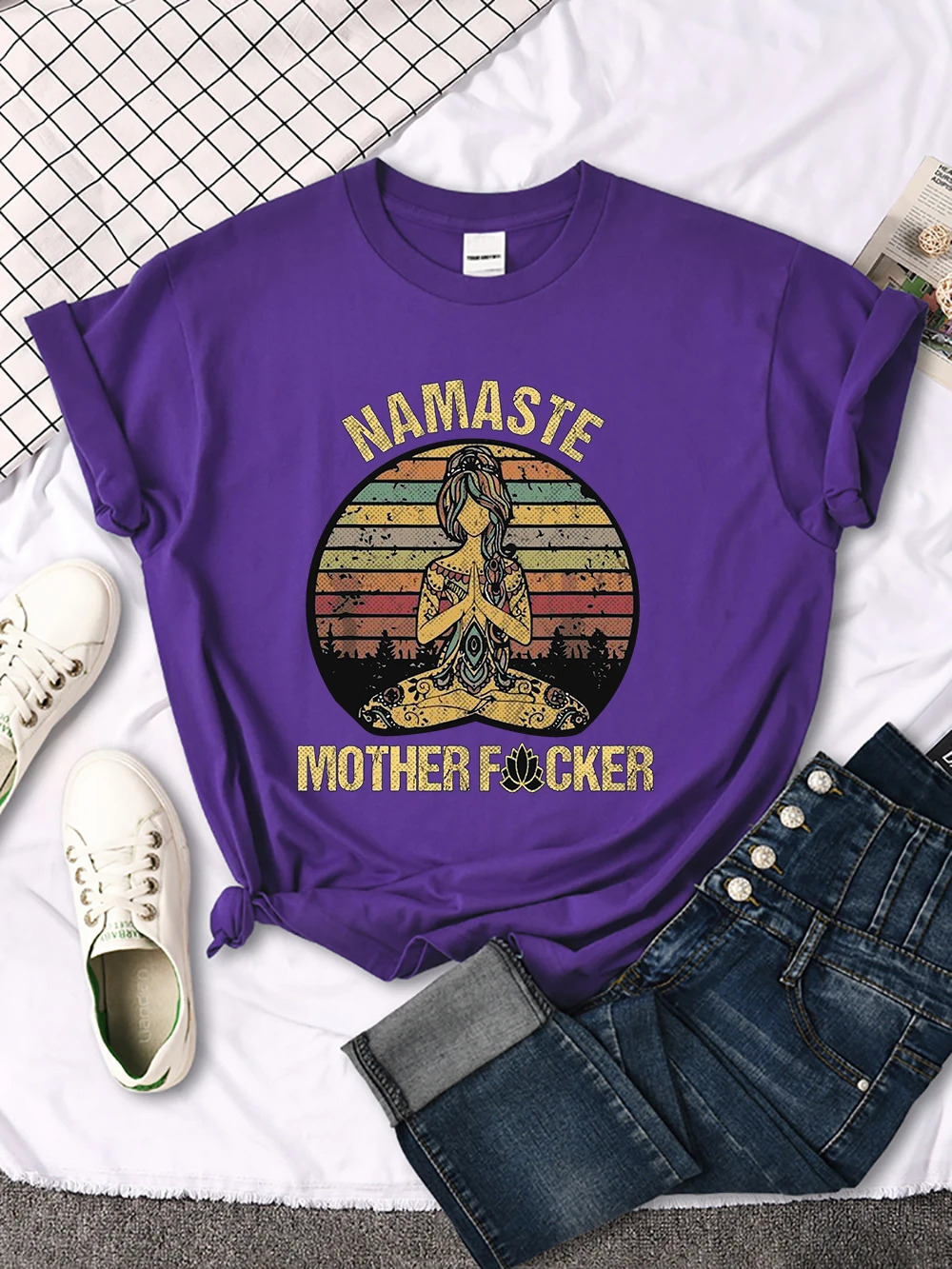 Vintage Namaste Mother Explicit Pattern Women T-Shirt O-Neck Creative T Shirts Fashion Breathable Crop Top Casual Sport T Shirt 250217