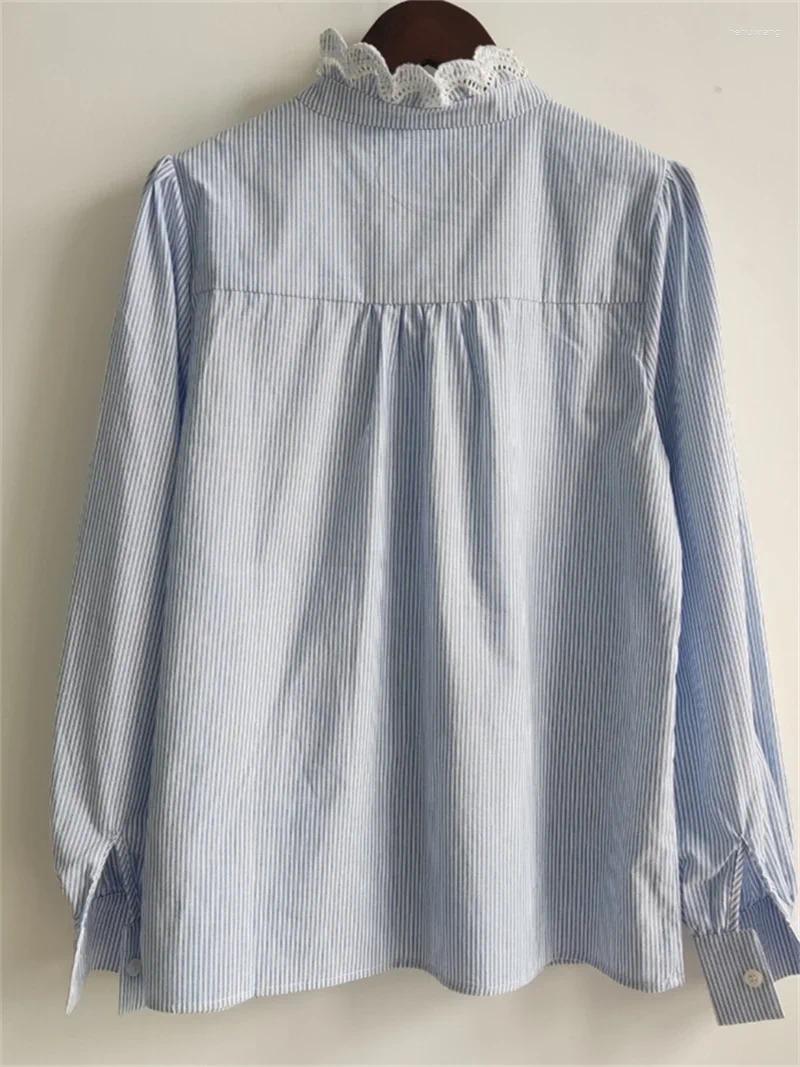 Women's Blouses Women Lace Embroidery Shirt White Or Stripes Ruffled Collar Long Sleeve Elegant Chemise 2025 Autumn Female Blouse