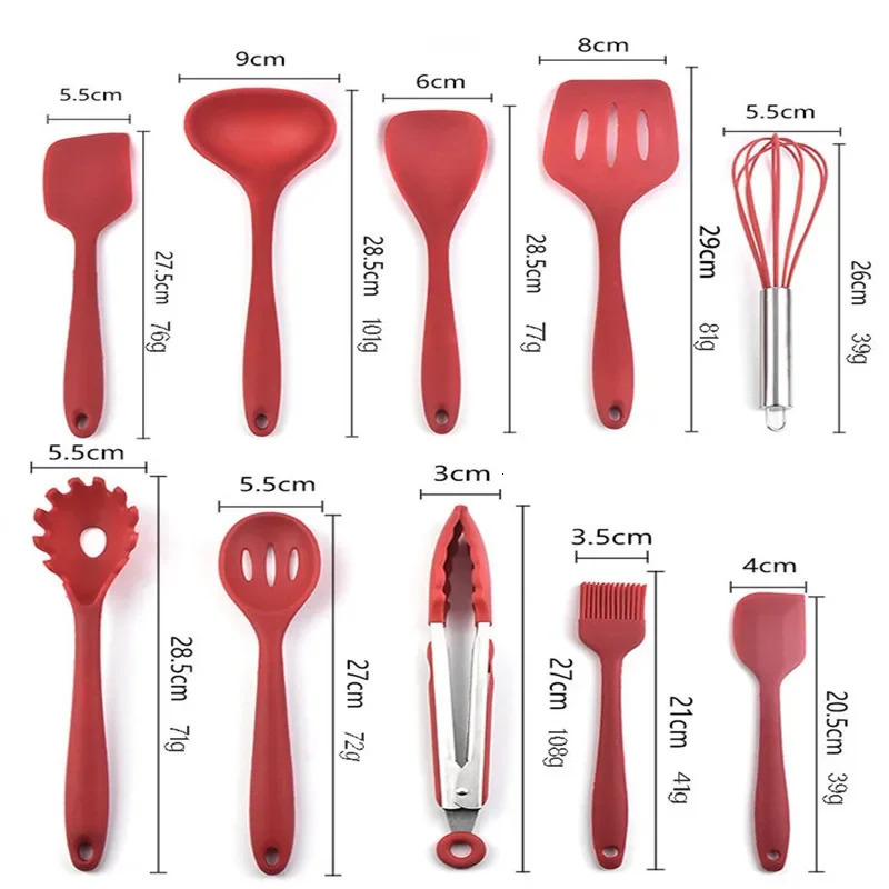10 Pcs/Set Silicone Kitchen Utensils Set Non-Stick Silicone Tong Spoon Spatula Pasta Server Whisk Ladle Strainer Cooking Tools 250214