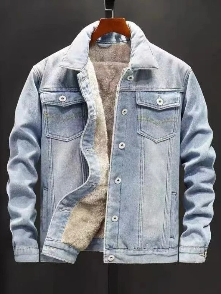 Mens coat thick denim jacket lapel cashmere full set of casual patchwork single chest autumn and winter 250212