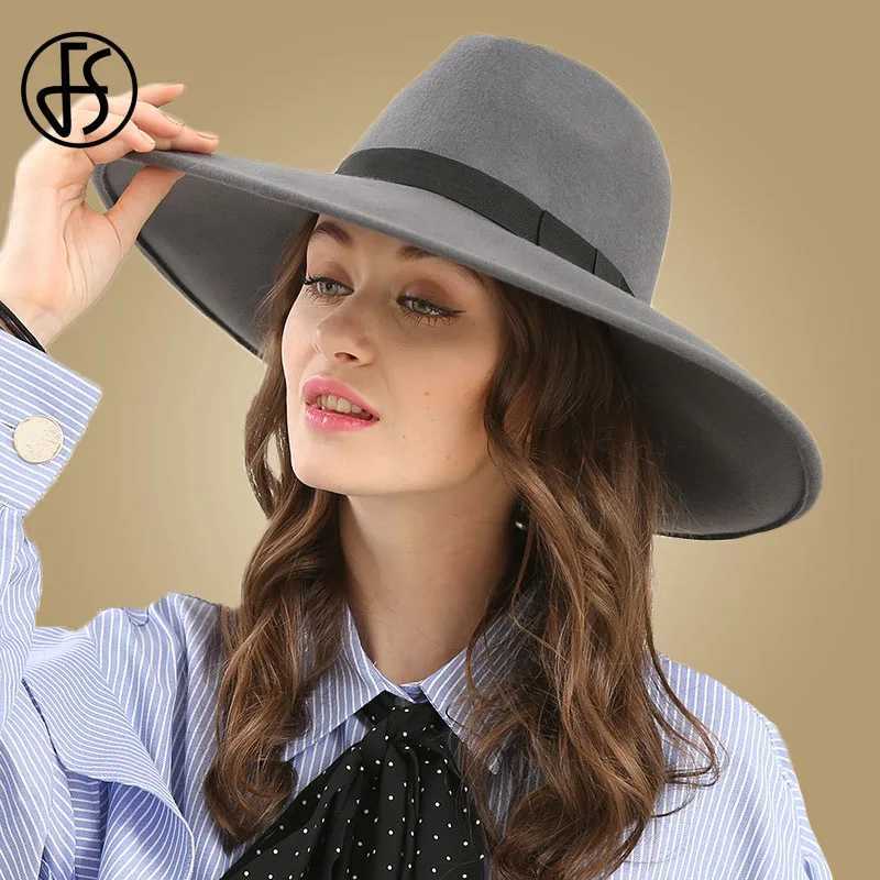 FS Chapeau Feutre Femme Fedora Womens Hat Elegant Black Womens Wide Brim Sombreros Jazz Church Hat Bow Panama Fedoras Top Hat W250217
