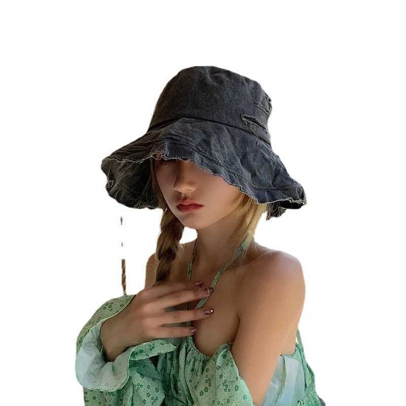 New Summer Autumn Tassel Washed Denim Bucket Hats Fashion for Women Wide Brim Foldable Panama Cap Outdoor Beach Fishermans Hat W250217