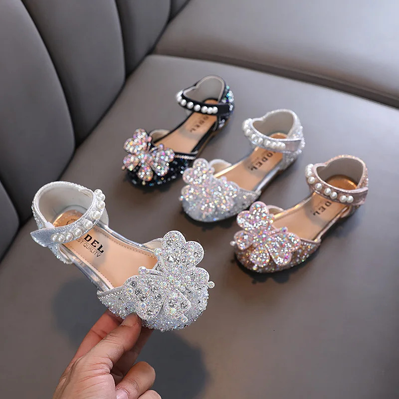 Kids Sequined Bowknot Princess Sandals Girls Glitter Sandals Childrens Dance Leather Shoes Toddler Flats Shoes 250214