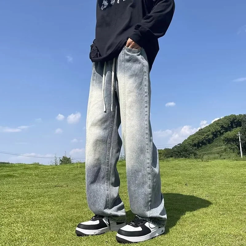 Korean Fashion Baggy Jeans For Men Classic Drawstring Straight Denim Pants Y2K Vintage Jean Streetwear Wideleg Trousers 250214