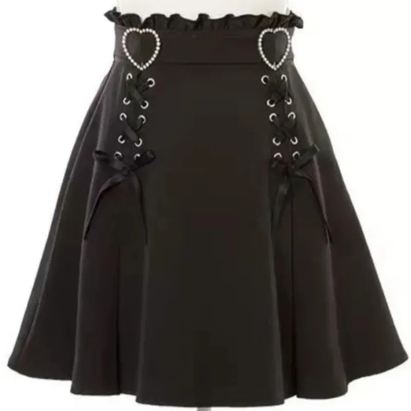 Y2k Aesthetic Harajuku Style Sweet Girl High Waist Mini Bandage Skirt Slim Women Solid Streetwear Gothic Jk Saia Feminina 250214