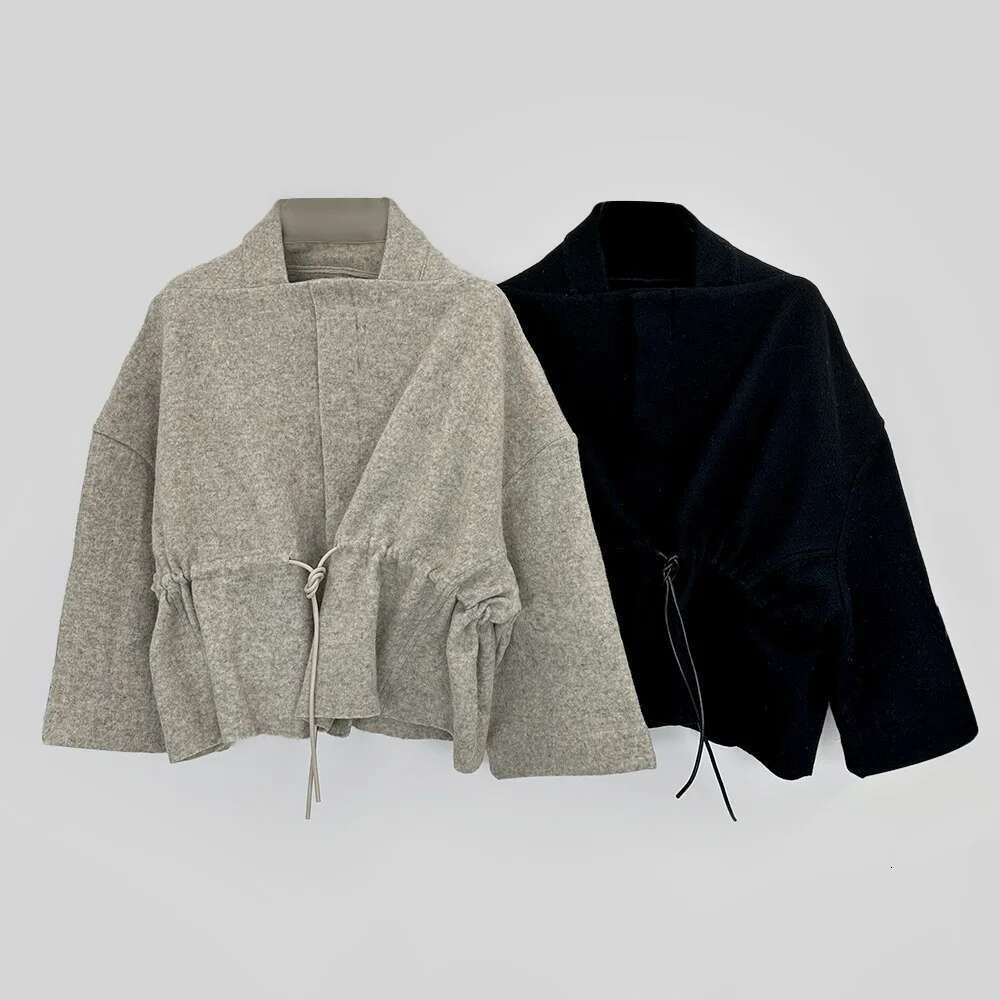 Niche Designer Women's Design Cinched Drawstring Cardigan European Autumn and Winter Fashion All-Matching Solid Color Coat