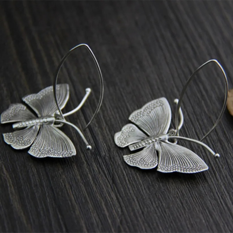 Vintage Silver Color Butterfly Earrings Ancient Metal Hand Carved Big Dangle for Women Jewelry 250213