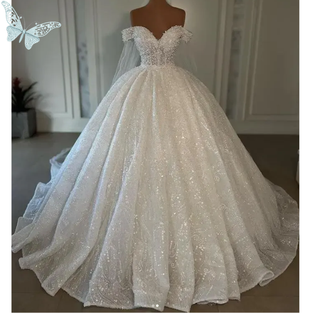Luxurious Pearls Arabic Ball Gown Princess Wedding Dresses Robe De Mariee Off The Shoulder Neck Bridal Gowns Puffy Wedding Gown Vestidos de noiva