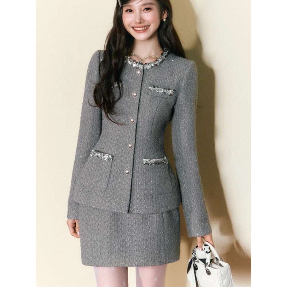 Original Design Beaded Fitted Tweed Jacket Skirt Autumn And Winter Women Female Two-Piece Set High Quality Fashion