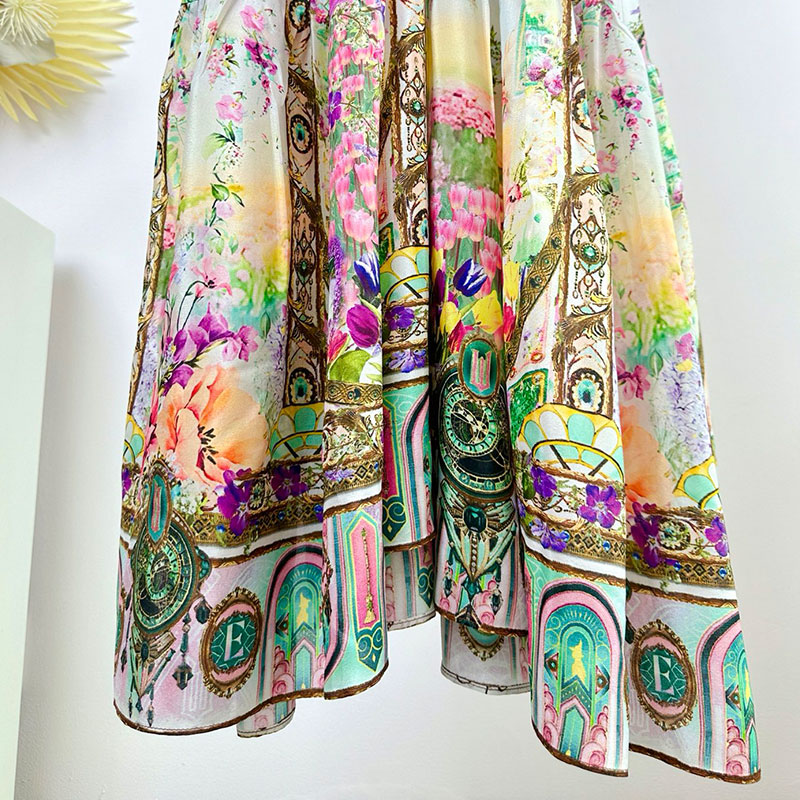 Women's Floral Print Silk Maxi Dress Flared Long Sleeve Waist Up Deep V-Neck Big Hem Handcrafted Crystal Rhinestones Elegant Spring Beach Luxury 