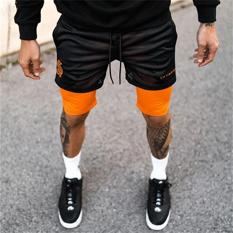 summer mesh Sports Shorts Men Doubledeck Jogging Running 2 IN 1 Mens GYM Fitness Workout Short Pants Man 250217